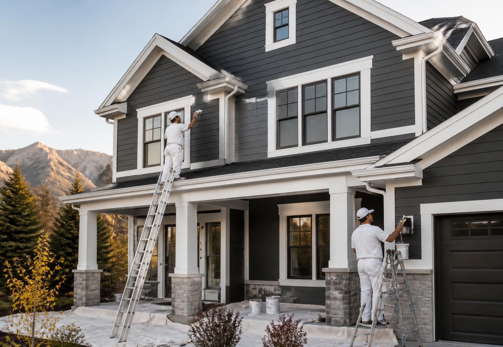 Painting crew finishing the exterior of a two-story home with crisp white trim