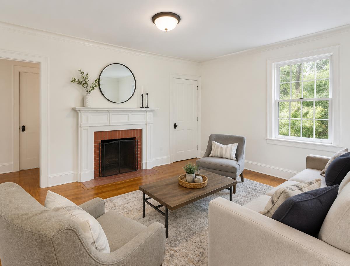 Interior living room with freshly painted walls, ceiling and trim